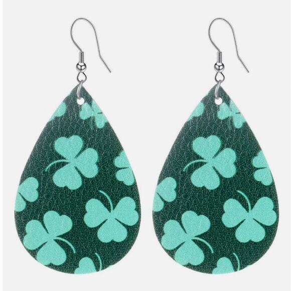 St. Patrick's Day Clover Light  and Dark Green Faux Leather Tear Drop Earrings - Picture 1 of 5